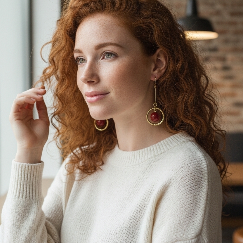 Elegant Gold And Red Drop Earrings (430)